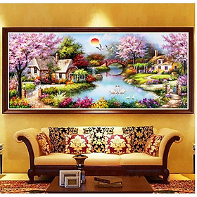 Tranh thêu chữ thập phong cảnh nhà cổ MN0028 - 195 x 103 cm - chưa thêu