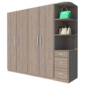 Tủ quần áo gỗ MDF Tundo 4 cánh 3 ngăn kéo màu xám 220 x 55 x 200cm