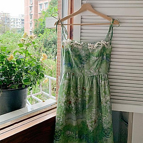 DONGSHOP Quần short 2023 Hoa mùa hè Sling Dress Nữ dài bờ biển váy nghỉ mát thắt lưng