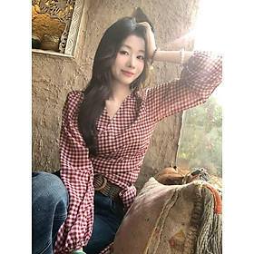 Áo sọc caro tay dài thắt dây eo