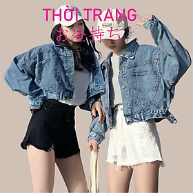 Áo khoác nữ jean おかねもち áo dài tay kiểu dáng trơn dáng croptop có  khuy sau