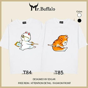 Áo đôi tay lỡ unisex Mèo dễ thương mèo trắng kéo mèo vàng cho cặp đôi Mr.Buffalo - T85 Áo Trắng