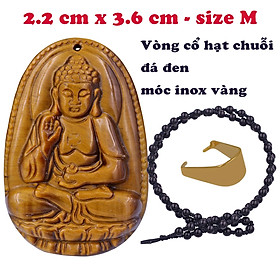 Mặt Phật A di đà đá mắt hổ 3.6 cm kèm vòng cổ hạt chuỗi đá đen - mặt dây chuyền size M, Mặt Phật bản mệnh