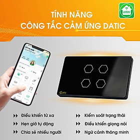 Công tắc thông minh HUNONIC DATIC 4 nút màu đen - Điều khiển từ xa bằng điện thoại-Hàng Chính Hãng