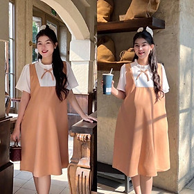 Đầm bầu yếm liền công sở cổ bèo dáng suông chất cotton lạnh mềm mát, bầu diện đi làm đi chơi đều xinh - Nâu