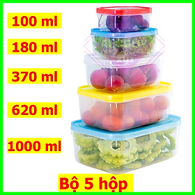 Bộ 5 hộp nhựa đựng thực phẩm có nắp đậy, trữ đông an toàn, màu ngẫu nhiên- Bộ 5 hộp bầu dung tích từ 100ml đến 1000ml,