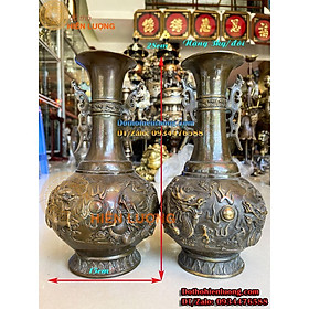 Đôi Lọ Hoa Song Long Chầu Nguyệt Màu Giả Cổ Bằng Đồng Nguyên Chất Cao 28cm