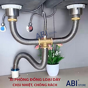 Bộ xi phông đồng chậu rửa bát đôi chống chuột, chịu nhiệt hàng dày, xi phông bồn rửa inox 2 hố 110mm cao cấp