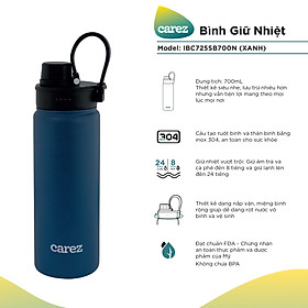 Bình Giữ Nhiệt Carez IBC725SB700N - 700ml, Inox 304, Không chứa BPA - Giữ nóng đến 8 tiếng, giữ lạnh đến 24 tiếng - Hàng chính hãng