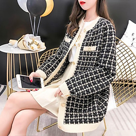 Áo khoác len nữ dáng rộng áo dạ tweed cổ tròn phong cách Hàn