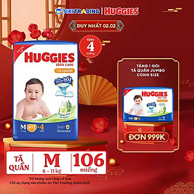 Tã/bỉm quần Huggies Skin Care Mega Jumbo M102+4 miếng với tràm trà dịu da