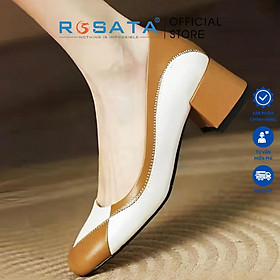 Giày búp bê nữ cao gót 4 phân mũi tròn đi tiệc da mềm phối màu ROSATA RO414 - Nâu