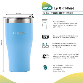 Ly Giữ Nhiệt Carez ITC596SB600N - XANH - 600ml, Inox 304, Không chứa BPA - Giữ nóng đến 5 tiếng, giữ lạnh đến 12 tiếng - Hàng chính hãng