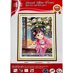 Mua Tranh thêu kín cô gái và mèo bên cửa vs8844  kích thước 50 x 67cm  11ct thêu 3 sợi