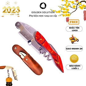 Dụng Cụ Khui Mở Rượu Vang Kim Loại Cán Ngọc Cao Cấp Kèm Bao Da