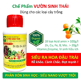 Phân bón lá sinh học VƯỜN SINH THÁI. Giúp rễ khỏe, cành chắc, đọt mạnh, ra hoa đậu trái nhiều. Ức chế sâu, bệnh hại. 1 chai phun 7000m2. Chiết xuất 100% từ Thiên Nhiên. HSD: 4 năm