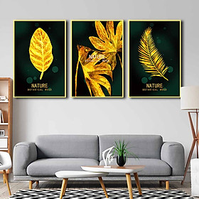 Bộ 3 tranh canvas treo tường Decor Họa tiết lá vàng cách điệu, phong cách hiện đại - DC027