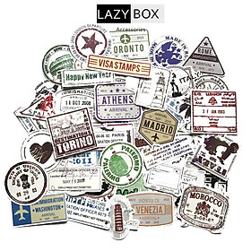 Bộ sticker chủ đề retro  visa stamp chống thấm nước trang trí mũ bảo hiểm, đàn, guitar, ukulele, điện thoại laptop