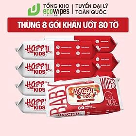 Thùng 10 gói khăn ướt trẻ em Happy Kids gói 80 tờ không mùi siêu tiết kiệm cho bé