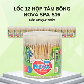 Lốc 12 hộp Tăm bông Nova người lớn thân trúc hộp vát 200 que SPA-516