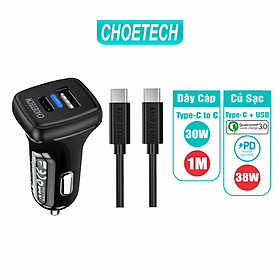 Bộ Củ Sạc Ô Tô CHOETECH 38W QC 3.0 18W, PD 20W TC0005 V2 + Cáp Type C to C 1M 30W CC0002-V2 - Hàng Chính Hãng
