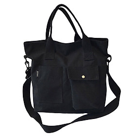Canvas Tote Bag Snap Fastener Closure Handbag for Office Leisure School Black