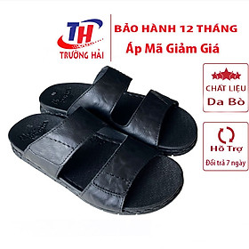 Dép da Nam quai ngang đế cao 3.5cm Trường Hải may viền da bò thật Màu đen QN155