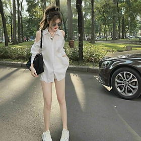 Sét áo sơ mi tay dài hở vai kèm quần short phong cách thời trang nữ