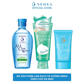 Bộ sản phẩm Senka làm sạch và chống nắng dành cho da mụn (Senka A.L.L.Clear Water Fresh 230ml + SRM Acne Care 100g + Senka Perfect UV Essence 50g)