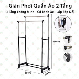 [Tiện Lợi] Giàn Phơi Quần Áo Di Động KhoNCC Hàng Chính Hãng - Giá Kệ Phơi 2 Tầng Thông Minh - Có Bánh Xe Di Chuyển - Lắp Ráp Dễ Dàng - KLM-GPQA2T