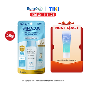 Kem chống nắng vật lý Skin Aqua kiềm dầu, dạng sữa dùng hàng ngày Sunplay Skin Aqua Mineral Defense Oil Clear Milk SPF50+ PA++++ 25g