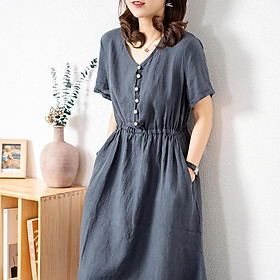 Đầm linen dáng suông cổ V , Đầm sơ mi ngắn tay nhún eo, mặc đi chơi, đi làm Haint Boutique Da173