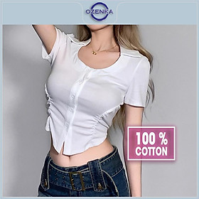 Áo croptop kiểu ôm vạt bầu cài khuy cổ bẻ nữ OZENKA cộc tay vài thun cotton 100% màu đen trắng size dưới 55 kg