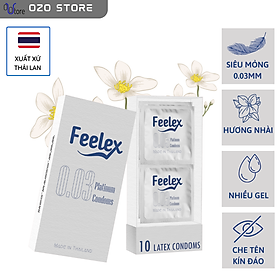 Bao cao su Feelex 0.03 Platinum, siêu mỏng, nhiều gel bôi trơn, xuất xứ Thái Lan, hộp 10 pcs