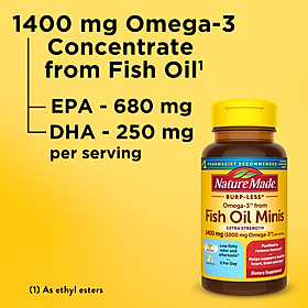 Omega-3 EPA và DHA dầu cá Burp Less Fish Oil 1400mg Nature Made Mỹ hỗ trợ