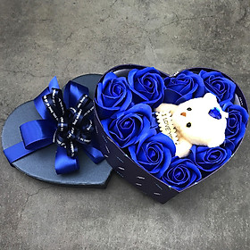Quà tặng sinh nhật cho bạn gái - hoa hồng sáp hộp tim 1 gấu, màu xanh - H16X
