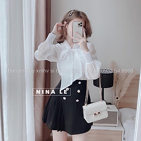 Hình ảnh Áo sơ mi cổ nơ voan tơ cao cấp tay bồng phối khuy ngọc thời trang Banamo Fashion 3914