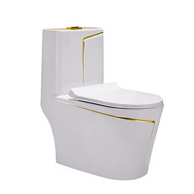 Bồn cầu một khối màu trắng, kiểu tròn kết hợp viền sườn xám nghệ thuật