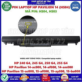 Pin Laptop HP PAVILION 14 (HS04) - 4 CELL - HP 240 G4  245 G4  250 G4  255 G4  Pavilion 14 ac000  14 af000 15 ac000