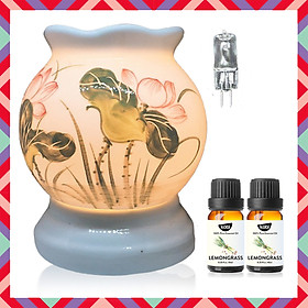 Đèn Xông Tinh Dầu Gốm Bát Tràng Thay Thế Máy Xông Tinh Dầu, Tặng 2 Tinh Dầu Sả Chanh Kobi 10ml Và 1 Bóng Đèn Dự Phòng Chạy Bằng Điện Giúp Chống Muỗi Hiệu Quả