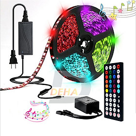 Bộ đèn Led dây dán RGB đổi màu Đồng Bộ Nhạc, điều khiển 44 phím chọn màu trang trí dán tường, bàn, máy tính dây bóng 5050 nháy theo nhạc music syn dùng được ngoài trời chống nước bền, đẹp (Tùy chọn loại dây và chiều dài dây)