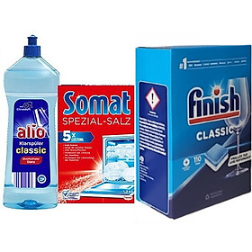 Combo 110 viên rửa bát finish + muối Somat 1.2kg + Nước làm bóng alio 1 lít dùng cho máy rửa bát