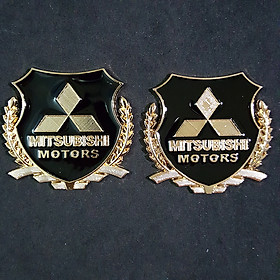 Bộ 2 miếng dán logo kim loại chữ MITSUBISHI bông lúa