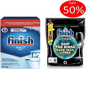 Combo muối rửa bát finish 1,5kg + viên rửa bát Finish Quantum Ultimate 50 viên dùng cho máy rửa bát chén - Viên finish quantum Ultimate là viên rửa bát cao cấp nhất với 14 chức năng in 1