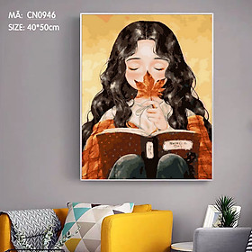 Tranh tô màu theo số sơn dầu số hóa Tranh cô bé ngồi đọc sách CN0946