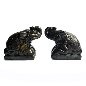 Cặp 2 tượng voi đá trang trí phong thủy bàn làm việc - Cỡ mini - Cao 6cm - Màu nâu đen
