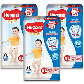 Combo 3 Gói Tã Quần Huggies Dry Gói Cực Đại XL62 (62 Miếng)