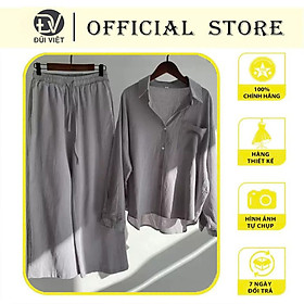 Bộ dành cho nữ gồm 1 áo sơ mi dài tay và 1 quần dài ống rộng có dây rút BV08