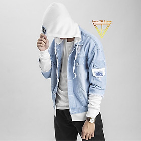 Hình ảnh Áo khoác jean xanh phối nón nỉ trắng cao cấp, áo khoác bò phối mũ trẻ trung năng động