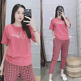 Đồ bộ nữ đồ mặc nhà Bigsize thun cotton chữ thêu quần dài carô co giãn Sét đồ bộ nữ dễ thương trung niên ESHOP DB05